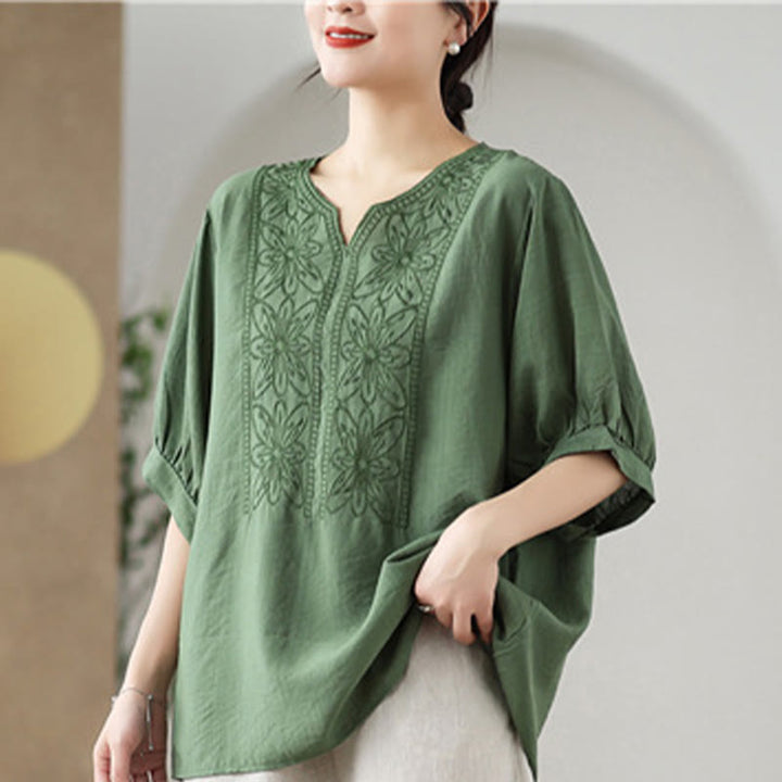 Buddha Stones Blumen Stickdesign Halbärmel Baumwoll Leinen T-Shirt Tee - image 8