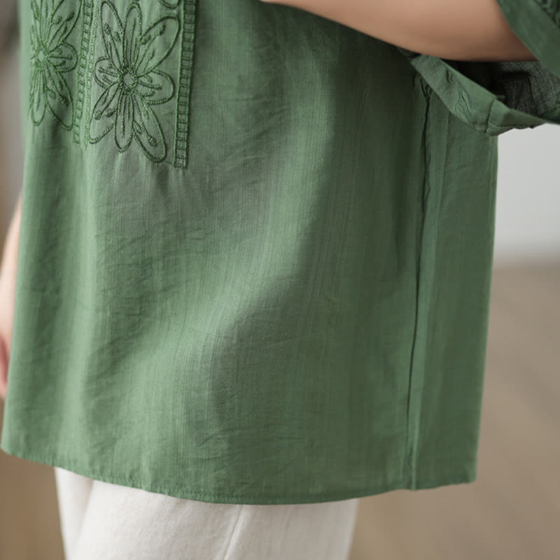 Buddha Stones Blumen Stickdesign Halbärmel Baumwoll Leinen T-Shirt Tee - image 7