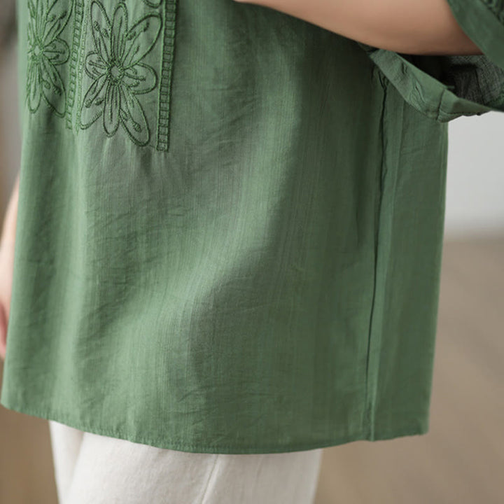 Buddha Stones Blumen Stickdesign Halbärmel Baumwoll Leinen T-Shirt Tee - image 7