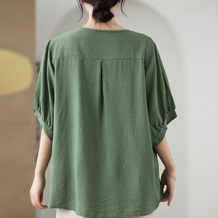 Buddha Stones Blumen Stickdesign Halbärmel Baumwoll Leinen T-Shirt Tee - image 2