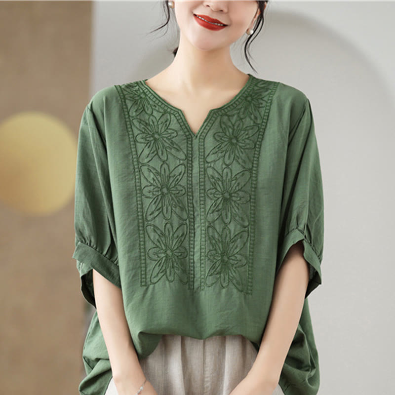 Buddha Stones Blumen Stickdesign Halbärmel Baumwoll Leinen T-Shirt Tee - image 1