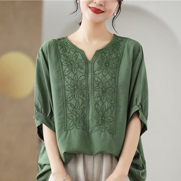 Buddha Stones Blumen Stickdesign Halbärmel Baumwoll Leinen T-Shirt Tee - image 1