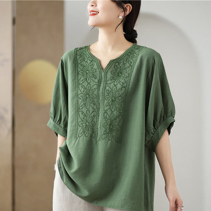 Buddha Stones Blumen Stickdesign Halbärmel Baumwoll Leinen T-Shirt Tee - image 4