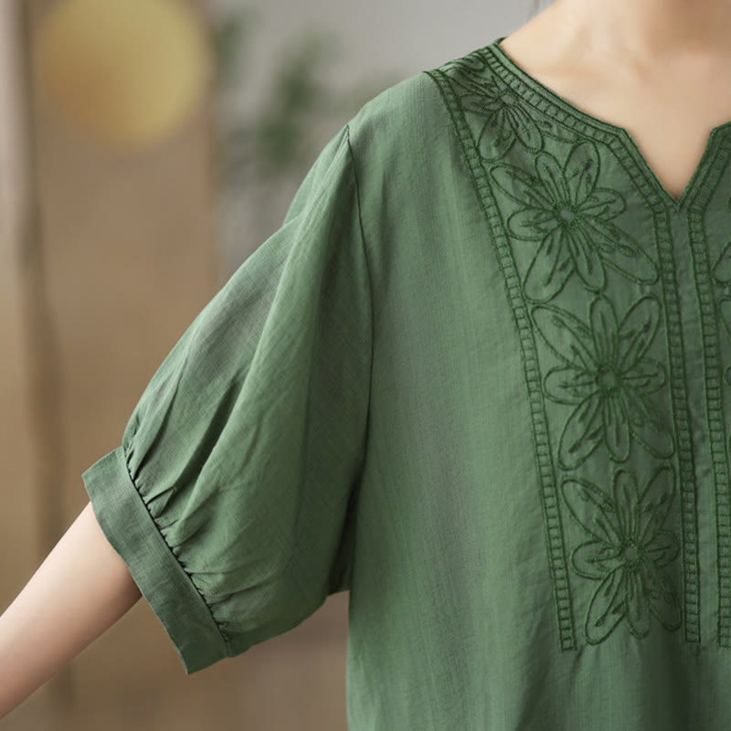 Buddha Stones Blumen Stickdesign Halbärmel Baumwoll Leinen T-Shirt Tee - image 6