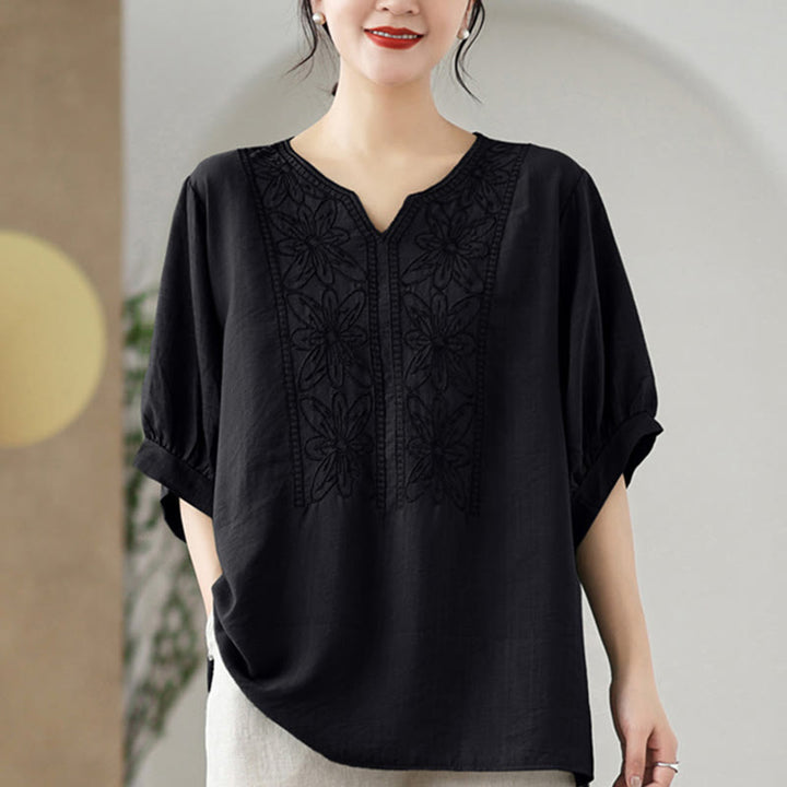 Buddha Stones Blumen Stickdesign Halbärmel Baumwoll Leinen T-Shirt Tee - image 12