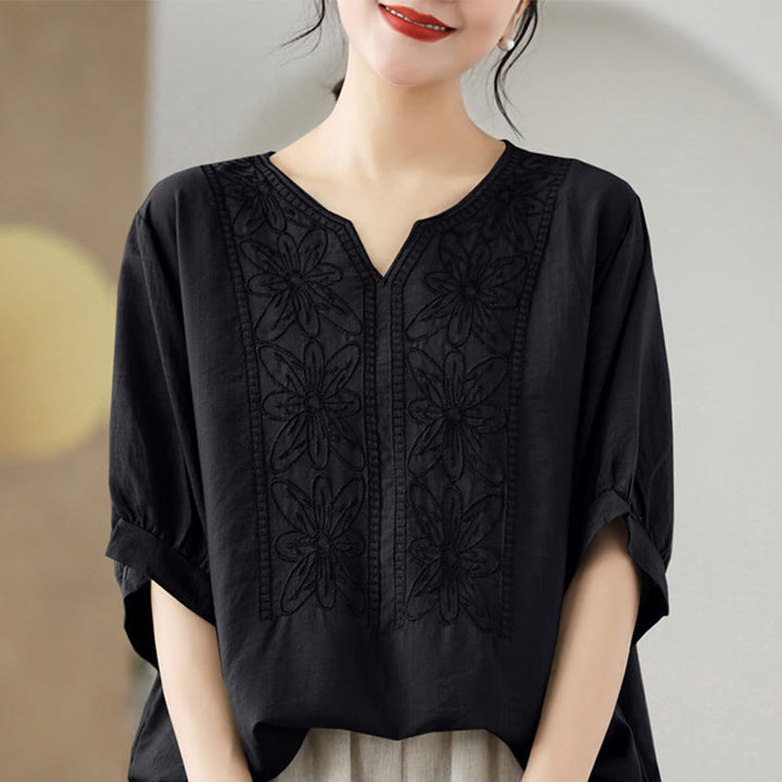 Buddha Stones Blumen Stickdesign Halbärmel Baumwoll Leinen T-Shirt Tee - Schwarz - F (Passend für US 4-6; UK/AU 8-10; EU 36-38) - image 11