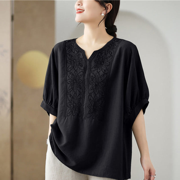 Buddha Stones Blumen Stickdesign Halbärmel Baumwoll Leinen T-Shirt Tee - image 13