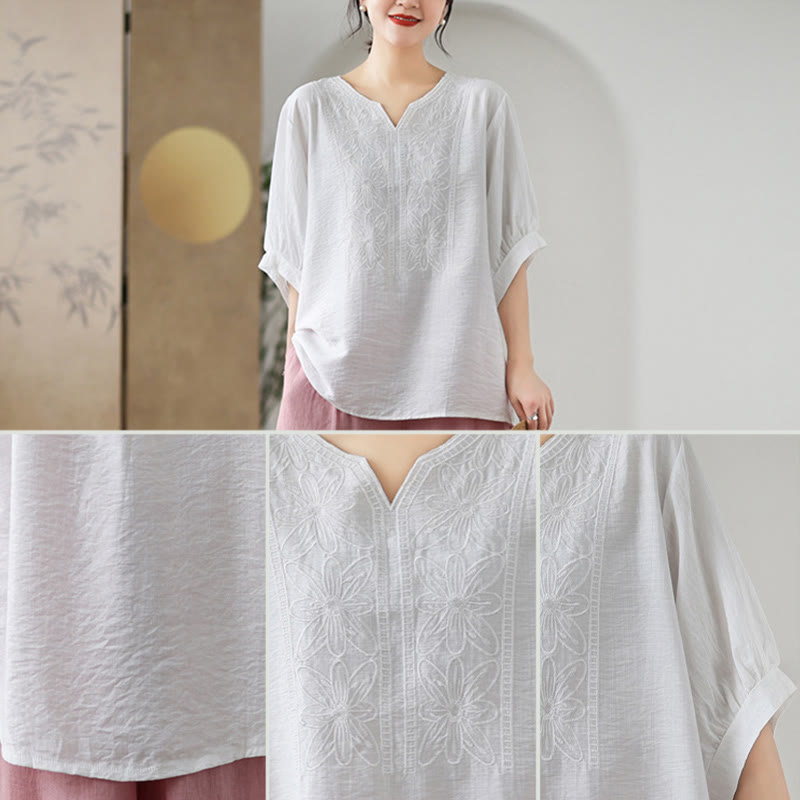 Buddha Stones Blumen Stickdesign Halbärmel Baumwoll Leinen T-Shirt Tee - image 19