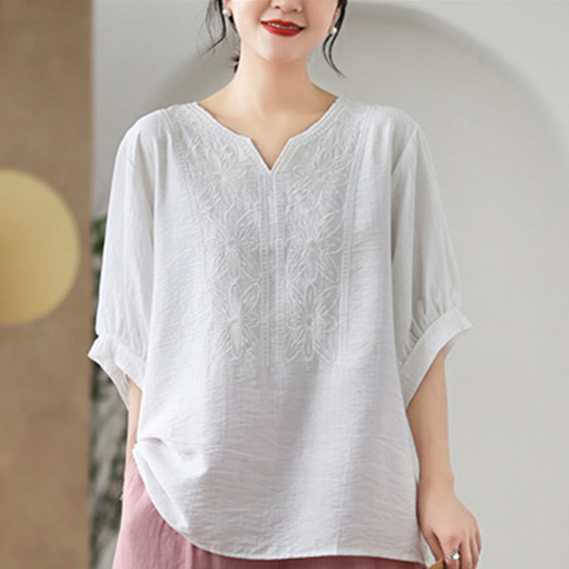 Buddha Stones Blumen Stickdesign Halbärmel Baumwoll Leinen T-Shirt Tee - image 21