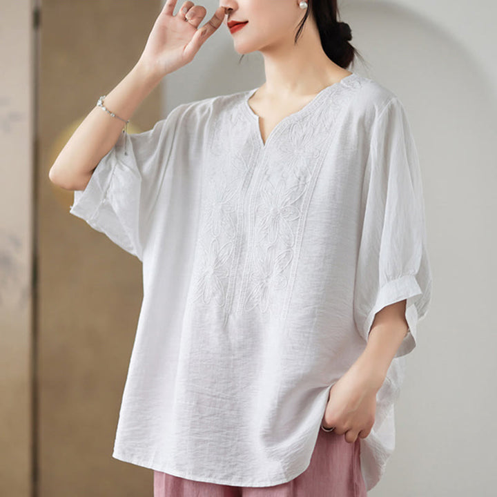 Buddha Stones Blumen Stickdesign Halbärmel Baumwoll Leinen T-Shirt Tee - image 18