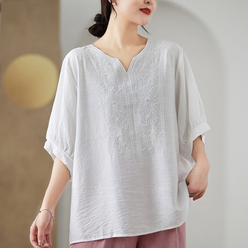 Buddha Stones Blumen Stickdesign Halbärmel Baumwoll Leinen T-Shirt Tee - image 16