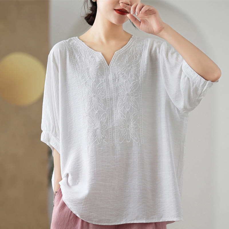 Buddha Stones Blumen Stickdesign Halbärmel Baumwoll Leinen T-Shirt Tee - image 17