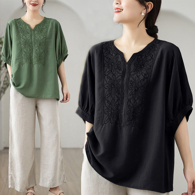 Buddha Stones Blumen Stickdesign Halbärmel Baumwoll Leinen T-Shirt Tee - image 14