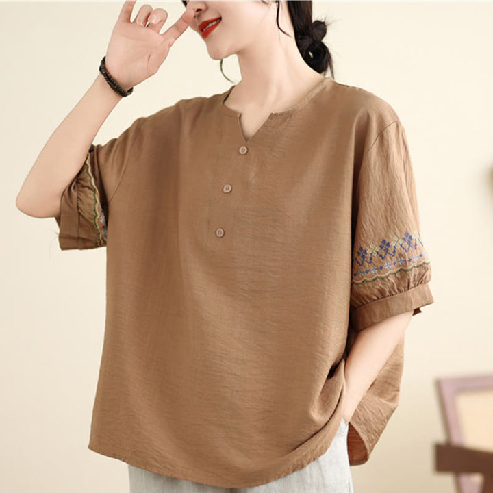 Buddha Stones Vintage Halbarmliges Baumwoll-Leinen-T-Shirt mit Stickdesign - image 10