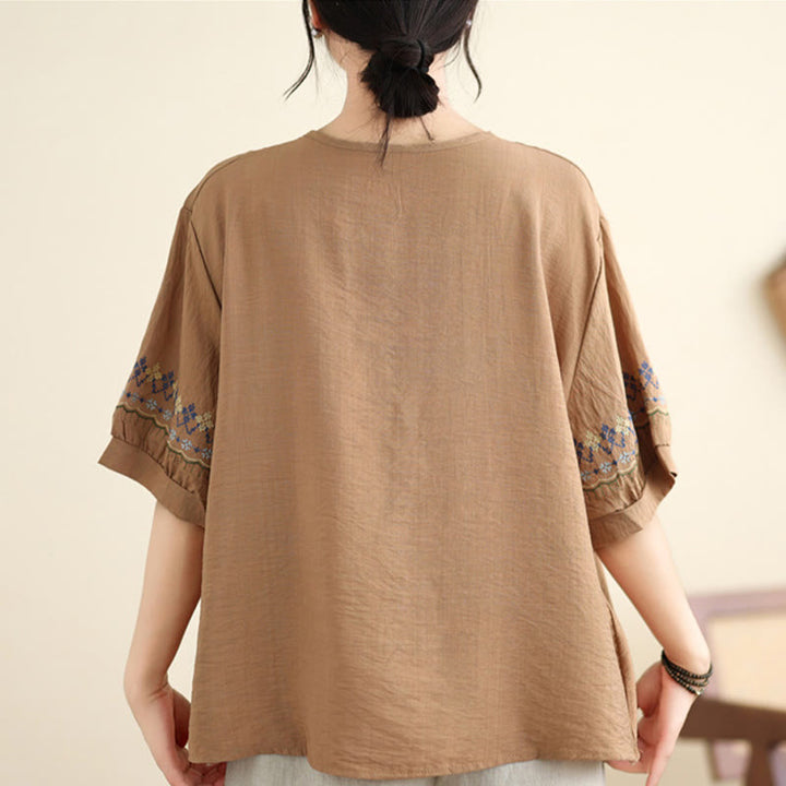 Buddha Stones Vintage Halbarmliges Baumwoll-Leinen-T-Shirt mit Stickdesign - image 8