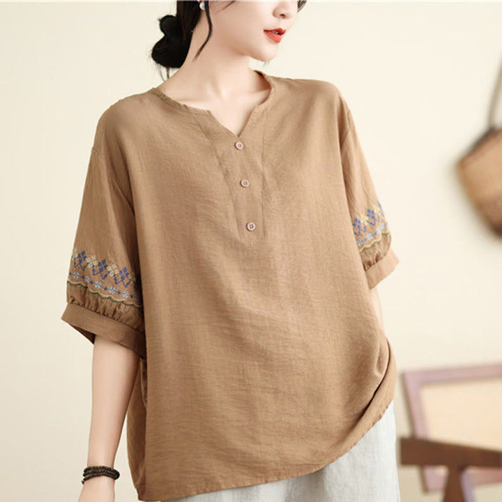 Buddha Stones Vintage Halbarmliges Baumwoll-Leinen-T-Shirt mit Stickdesign - image 9