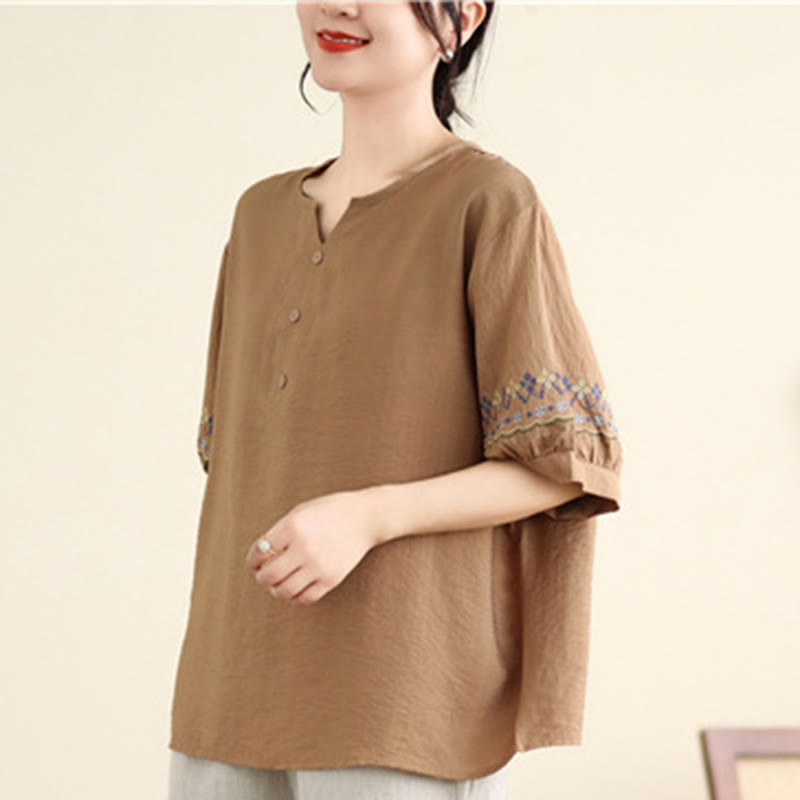 Buddha Stones Vintage Halbarmliges Baumwoll-Leinen-T-Shirt mit Stickdesign - image 16