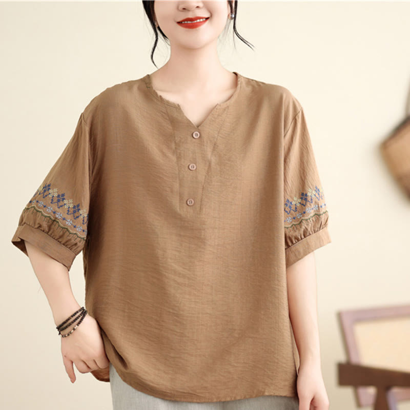 Buddha Stones Vintage Halbarmliges Baumwoll-Leinen-T-Shirt mit Stickdesign - image 11