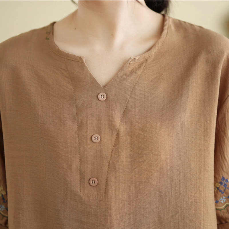 Buddha Stones Vintage Halbarmliges Baumwoll-Leinen-T-Shirt mit Stickdesign - image 12