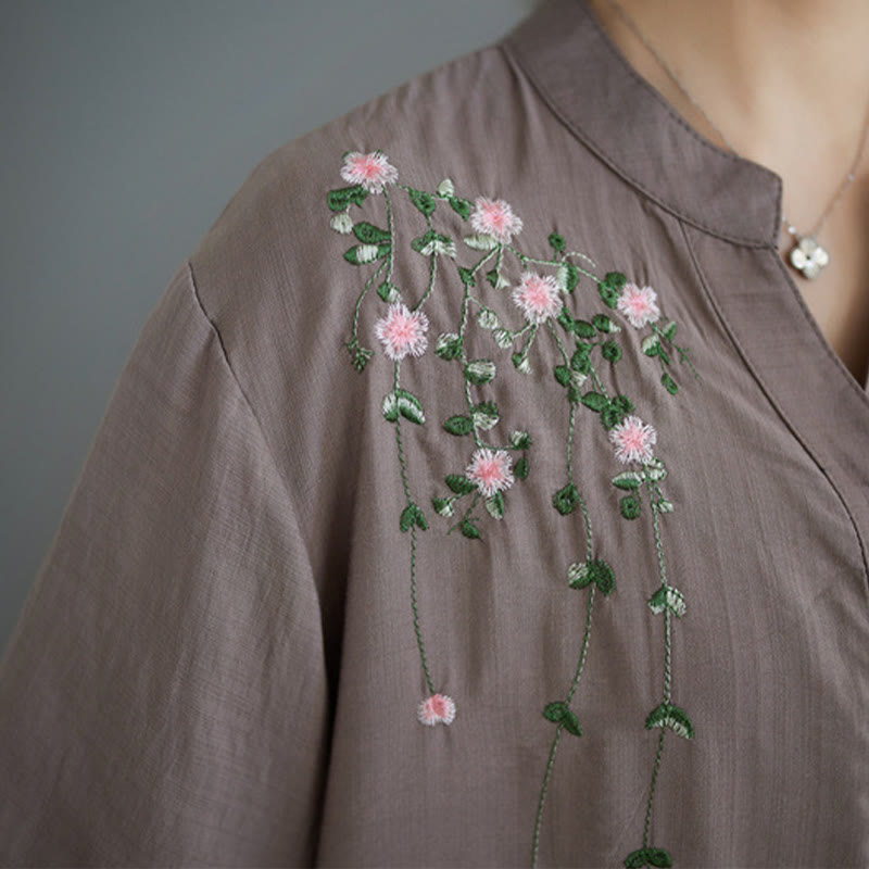 Buddha Stones Damen Baumwollhemd mit Blumenranken-Stickerei und halbem Ärmel