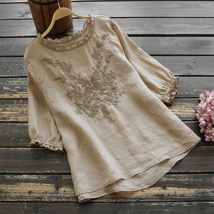 Buddha Stones Damen T-Shirt mit Blumenstickerei-Design, Rundhalsausschnitt