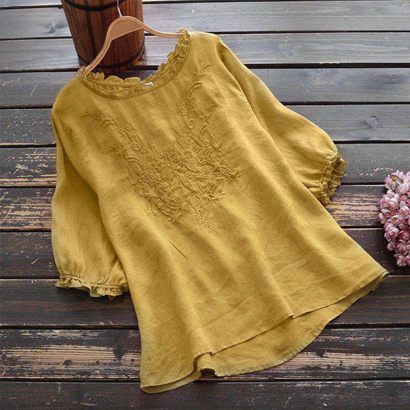 Buddha Stones Damen T-Shirt mit Blumenstickerei-Design, Rundhalsausschnitt - Zitronen-Chiffon - US14, UK/AU18, EU46 (4XL) - image 8