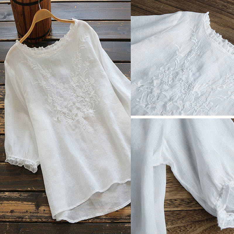 Buddha Stones Damen T-Shirt mit Blumenstickerei-Design, Rundhalsausschnitt - image 3