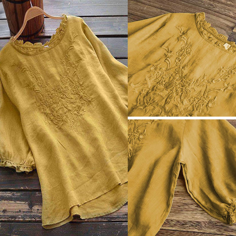 Buddha Stones Damen T-Shirt mit Blumenstickerei-Design, Rundhalsausschnitt - image 9