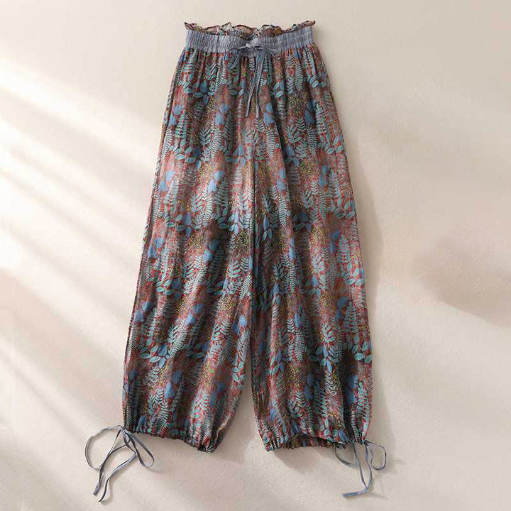 Buddha Stones Sommerhose für Damen, Blau, Blätter, Pflanzen, mit Taschen