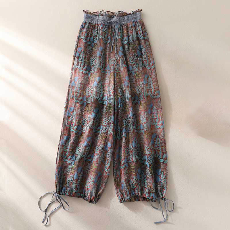 Buddha Stones Sommerhose für Damen, Blau, Blätter, Pflanzen, mit Taschen - US8-10， UK/AU12-14，EU40-42 (2XL) - image 1