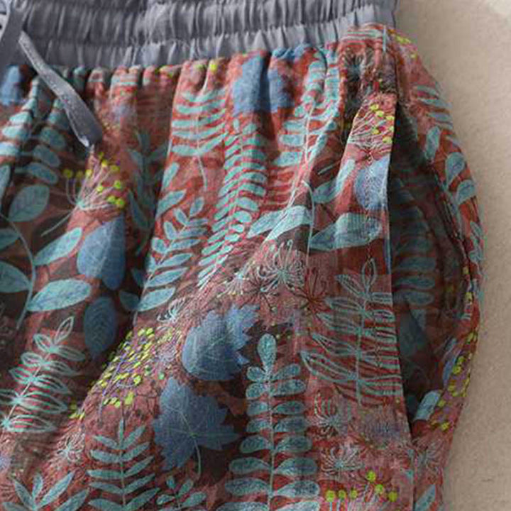 Buddha Stones Sommerhose für Damen, Blau, Blätter, Pflanzen, mit Taschen