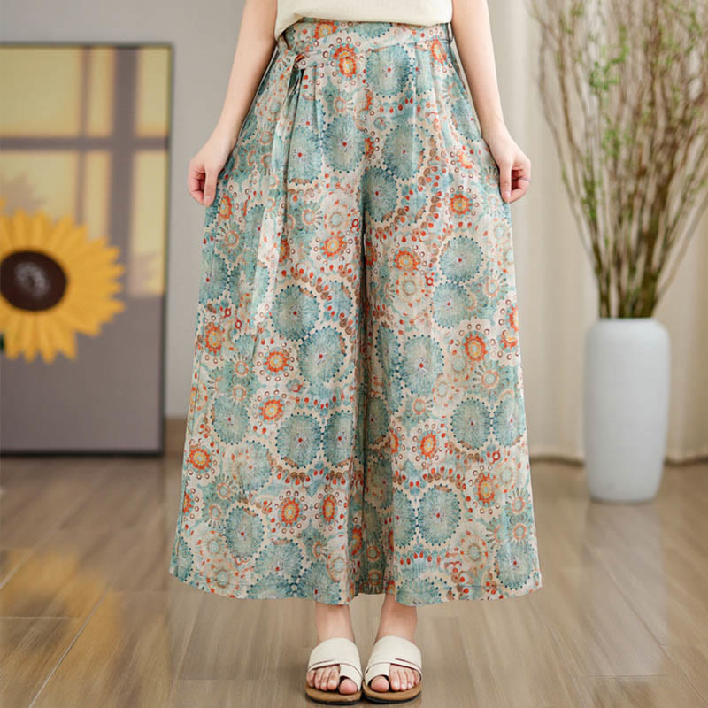 Buddha Stones – Blaue Hose aus Baumwollleinen mit Kreismuster und weitem Bein und Taschen