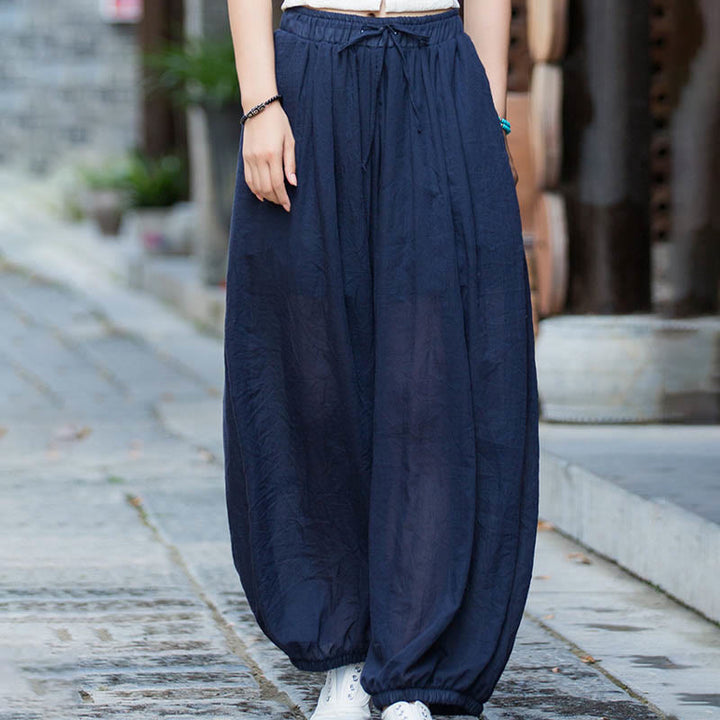 Buddha Stones Sommerhose aus Leinen in Unifarbe mit Kordelzug und Taschen - image 9