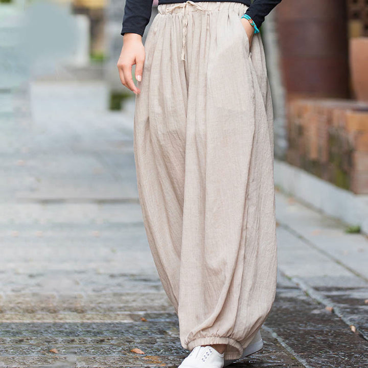 Buddha Stones Sommerhose aus Leinen in Unifarbe mit Kordelzug und Taschen - image 13