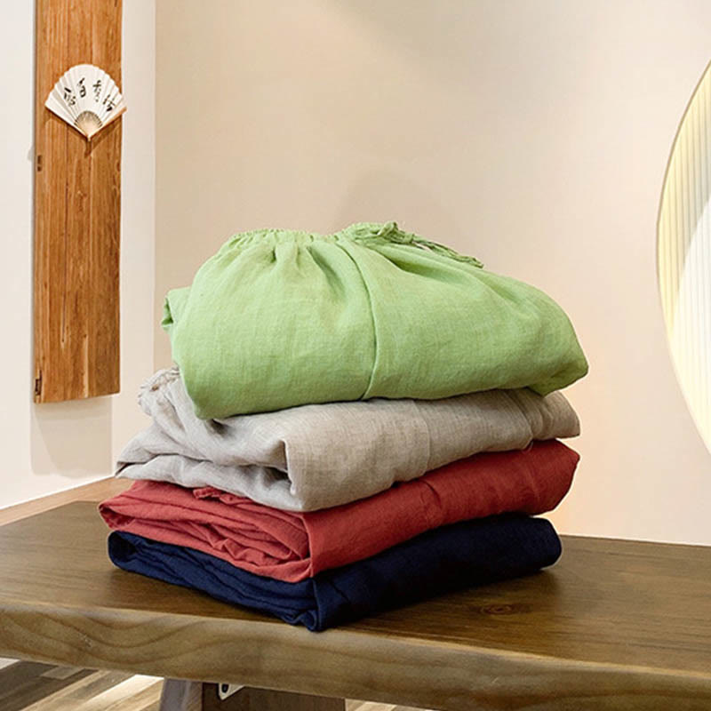 Buddha Stones Sommerhose aus Leinen in Unifarbe mit Kordelzug und Taschen - image 1