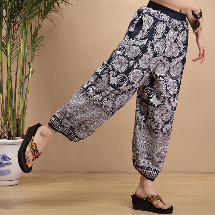 Buddha Stones Sommer Leinenhose mit Taschen, blau-weiß, geometrische Streifen