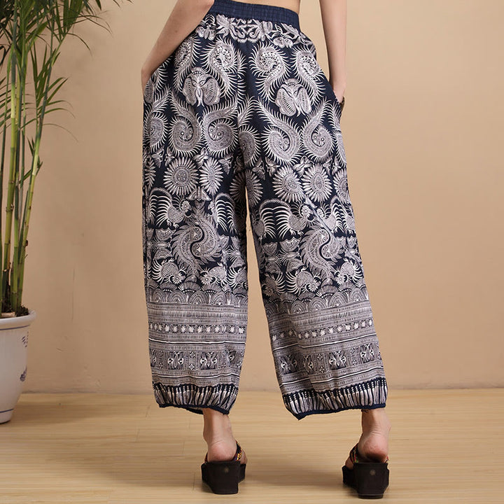 Buddha Stones Sommer Leinenhose mit Taschen, blau-weiß, geometrische Streifen