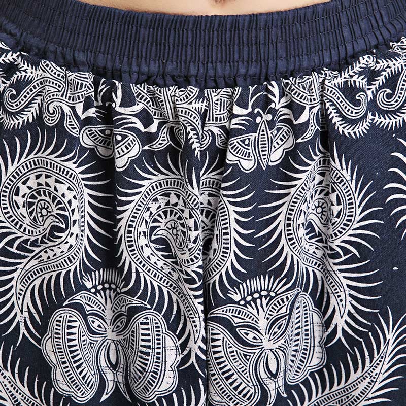 Buddha Stones Sommer Leinenhose mit Taschen, blau-weiß, geometrische Streifen