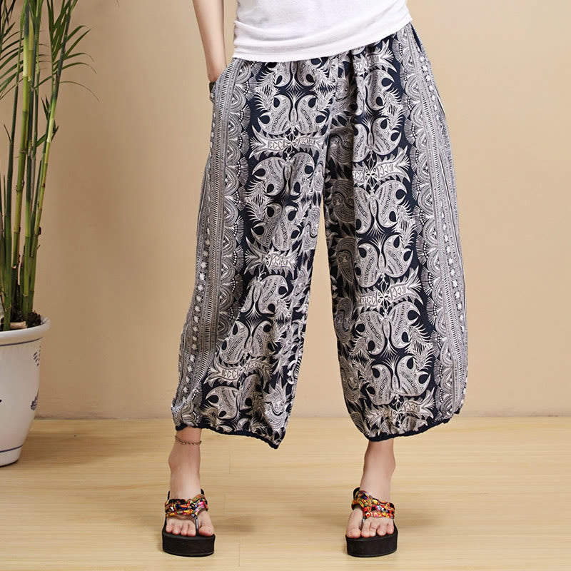 Buddha Stones Sommer Leinenhose mit Taschen, blau-weiß, geometrische Streifen