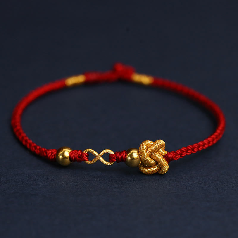 Buddha Stones 999 Gold Mobius Unendliche Liebe Fu Charakter Kupfermünze Schutz Handgemachtes ultradünnes Seilarmband