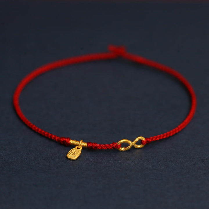 Buddha Stones 999 Gold Mobius Unendliche Liebe Fu Charakter Kupfermünze Schutz Handgemachtes ultradünnes Seilarmband