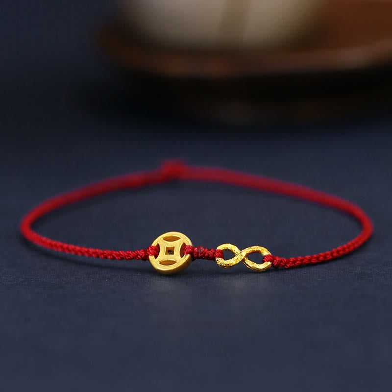 Buddha Stones 999 Gold Mobius Unendliche Liebe Fu Charakter Kupfermünze Schutz Handgemachtes ultradünnes Seilarmband