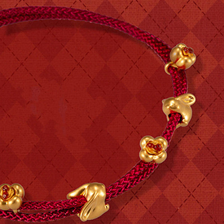 Buddha Stones 999 Gold kleines Glückskaninchen Osmanthus Design handgefertigtes Glücksarmband aus geflochtenem Seil - Goldener Osmanthus Doppelhase (Gold ca. 0,8 g) - 21 cm - image 12