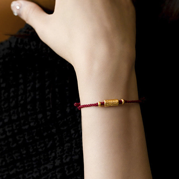 Buddha Stones ​​999 Gold Glücksamulett Geschnitztes Design Handgefertigtes Stärke-Armband aus geflochtenem Seil - Weinrot (Gold, ca. 0,68 g) - 21 cm - image 3