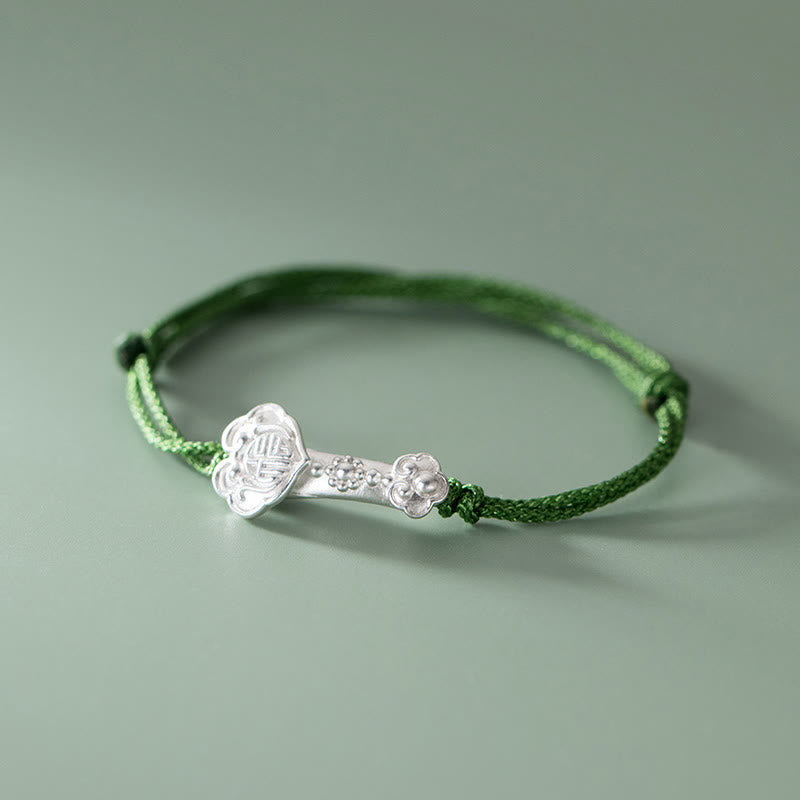 Buddha Stones , handgefertigt, 999 Sterlingsilber, Fu-Charakter, Wunsch-Ruyi-Griff, Glück, geflochtenes grünes Seil-Armband - Fu-Charakter (Handgelenkumfang 14-18 cm) - image 0