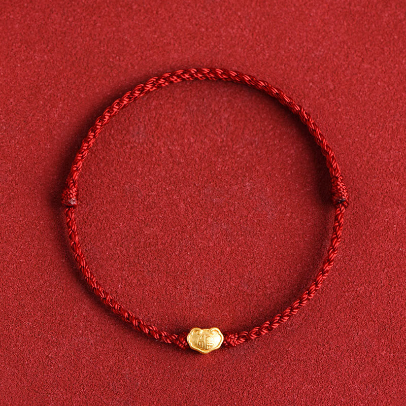 Buddha Stones 999 Gold Chinesischer Schloss-Charme Fu Charakter Schutz Handgemachtes Seil-Armband