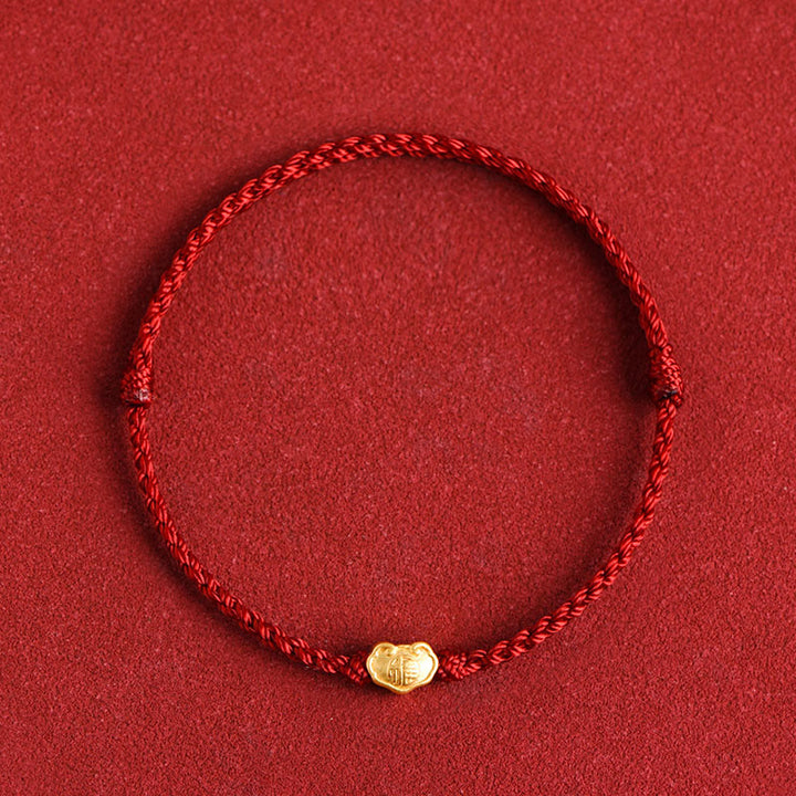 Buddha Stones 999 Gold Chinesischer Schloss-Charme Fu Charakter Schutz Handgemachtes Seil-Armband