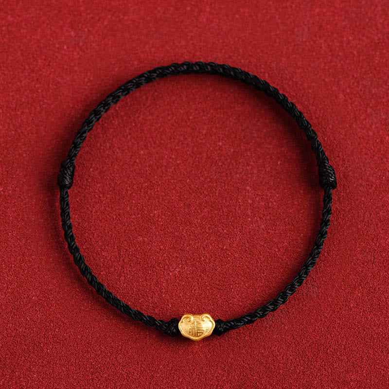 Buddha Stones 999 Gold Chinesischer Schloss-Charme Fu Charakter Schutz Handgemachtes Seil-Armband