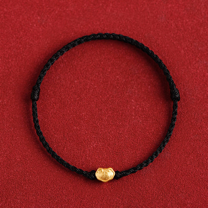 Buddha Stones 999 Gold Chinesischer Schloss-Charme Fu Charakter Schutz Handgemachtes Seil-Armband