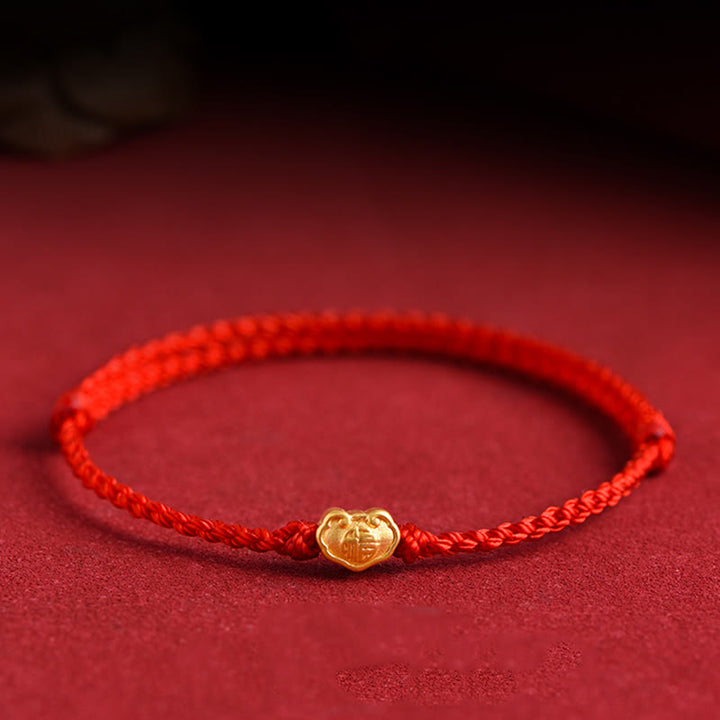 Buddha Stones 999 Gold Chinesischer Schloss-Charme Fu Charakter Schutz Handgemachtes Seil-Armband